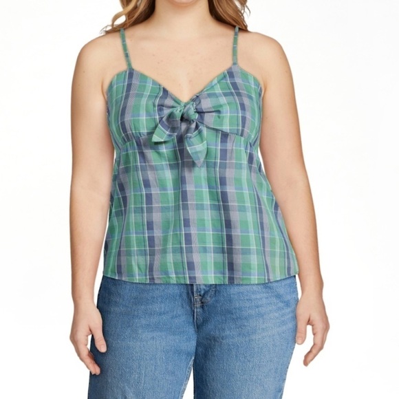 Y2k Babydoll  Organic Cotton Plaid Knot Front Tank w/ Spaghetti Straps Smocked - Picture 1 of 9